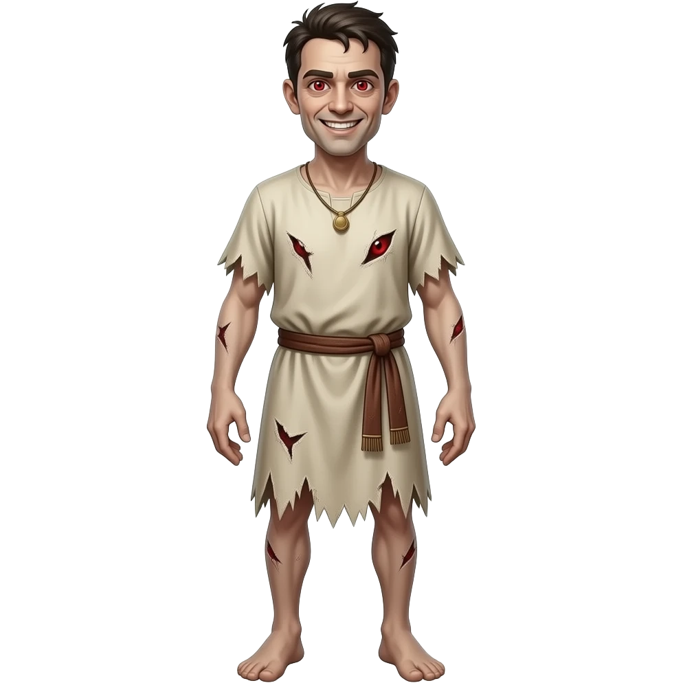 A full bodied emaciated man with pale colored skin, red serpent eyes with slim black slits for pupils and possessed by an evil spirit  that has an creepy smile on her face, wearing tattered clothing from biblical times emoji