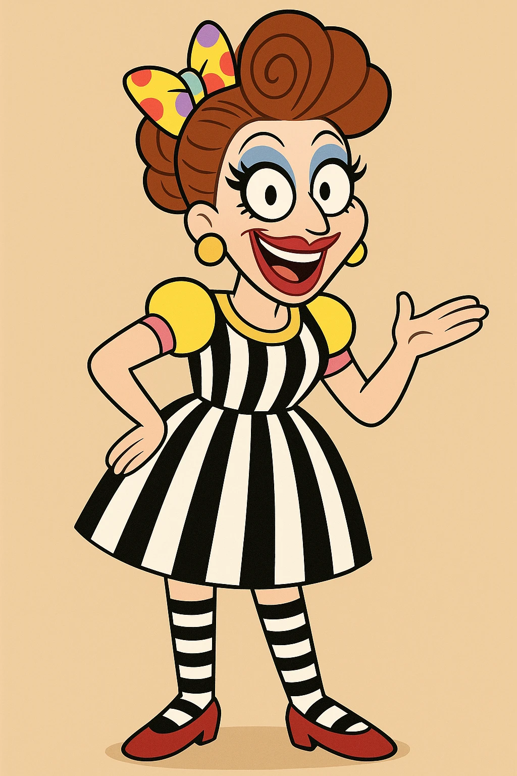 Bianca Del Rio red and purple spots hair ribbon yellow pink blue and Stripes dress black and white stripes socks red shoes  emoji