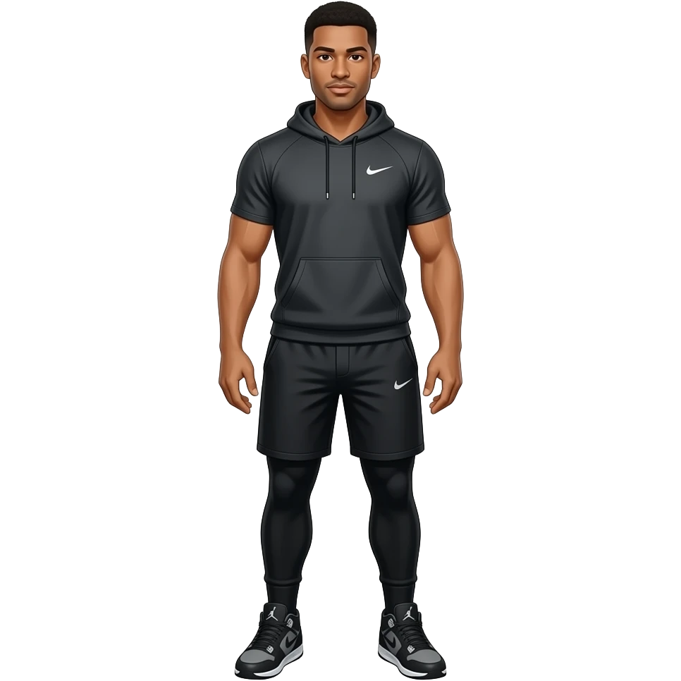 make a tan man with no beard who is muscular wearing nike tech and black pants with jordan 4’s emoji