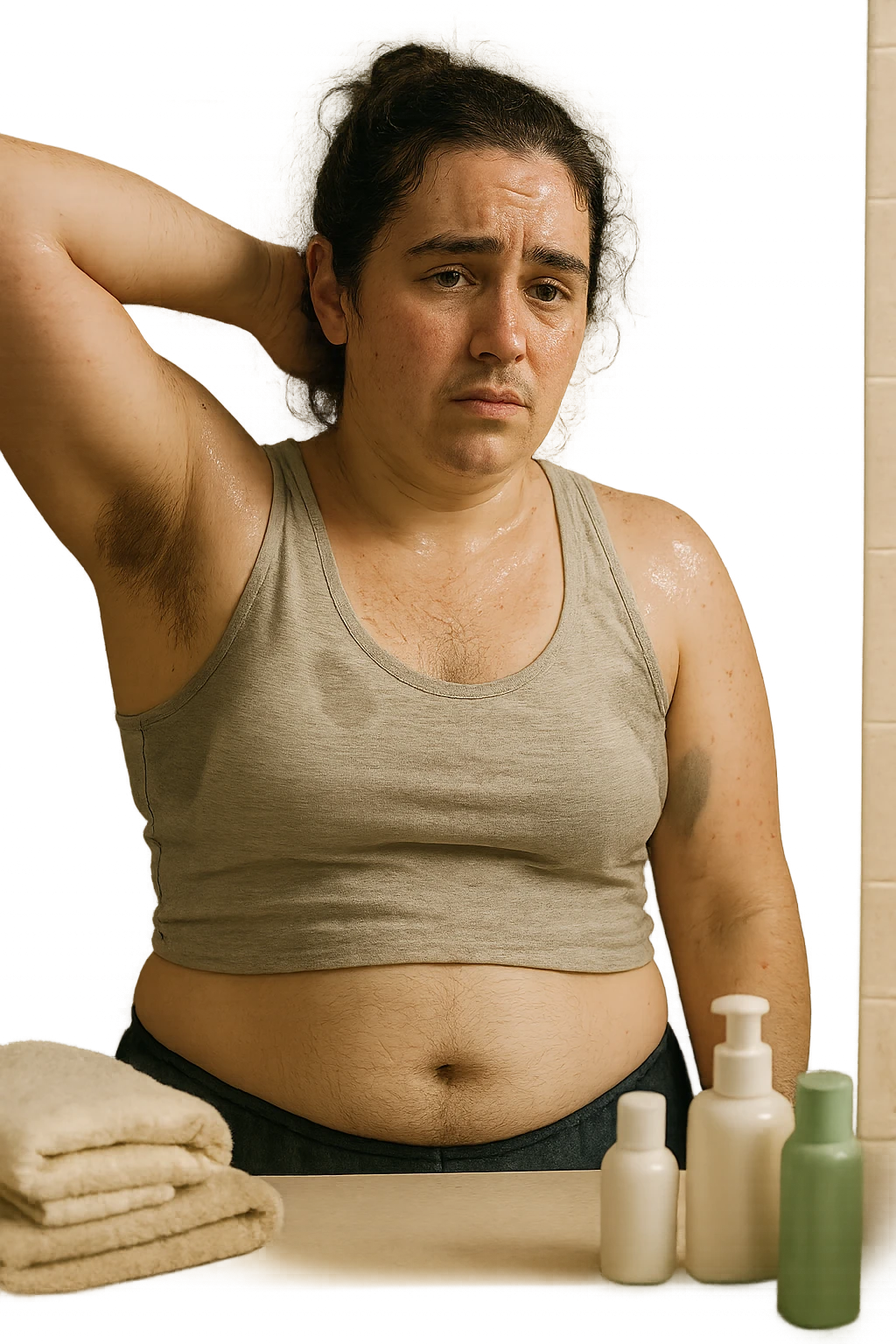 Donna tra i 25 e i 35 anni in un bagno o camerino, con espressione affaticata e leggermente imbarazzata, mentre si osserva allo specchio. È visibile una sudorazione abbondante sulla fronte e sotto le ascelle, e si notano peli più marcati su viso (mento o baffetti), addome e braccia. Indossa abiti leggeri o sportivi, e ha accanto a sé asciugamani e prodotti per la cura della pelle. Atmosfera realistica ma intima, con luce naturale e toni neutri. L'immagine trasmette consapevolezza, frustrazione e il desiderio di trovare soluzioni. Stile realistico, tono empatico e umano emoji