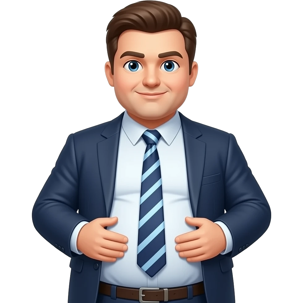 A man in suit with a tie but very fat showing its stomace emoji