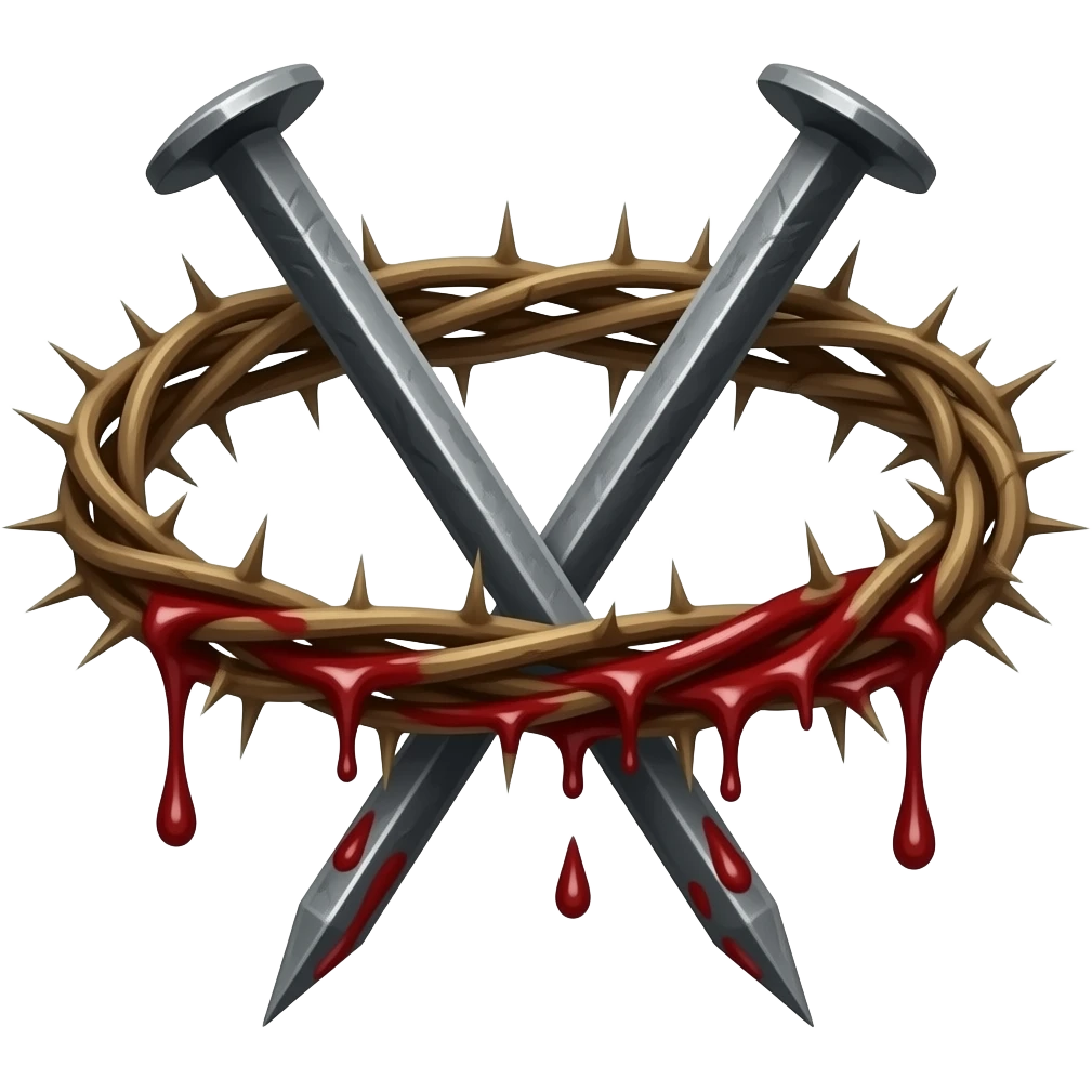 Crown of thorns with blood dripping from it with 2 iron spike like nails emoji