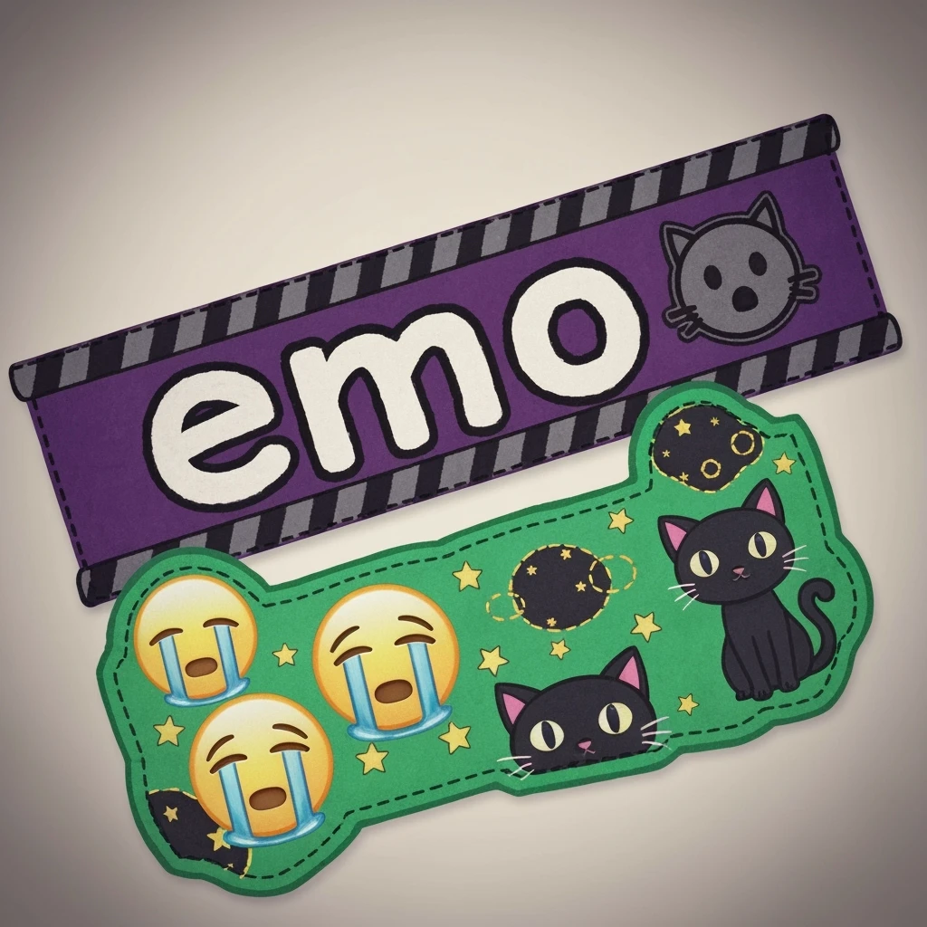 emo banner with stitched patch, cute, expressive emoji