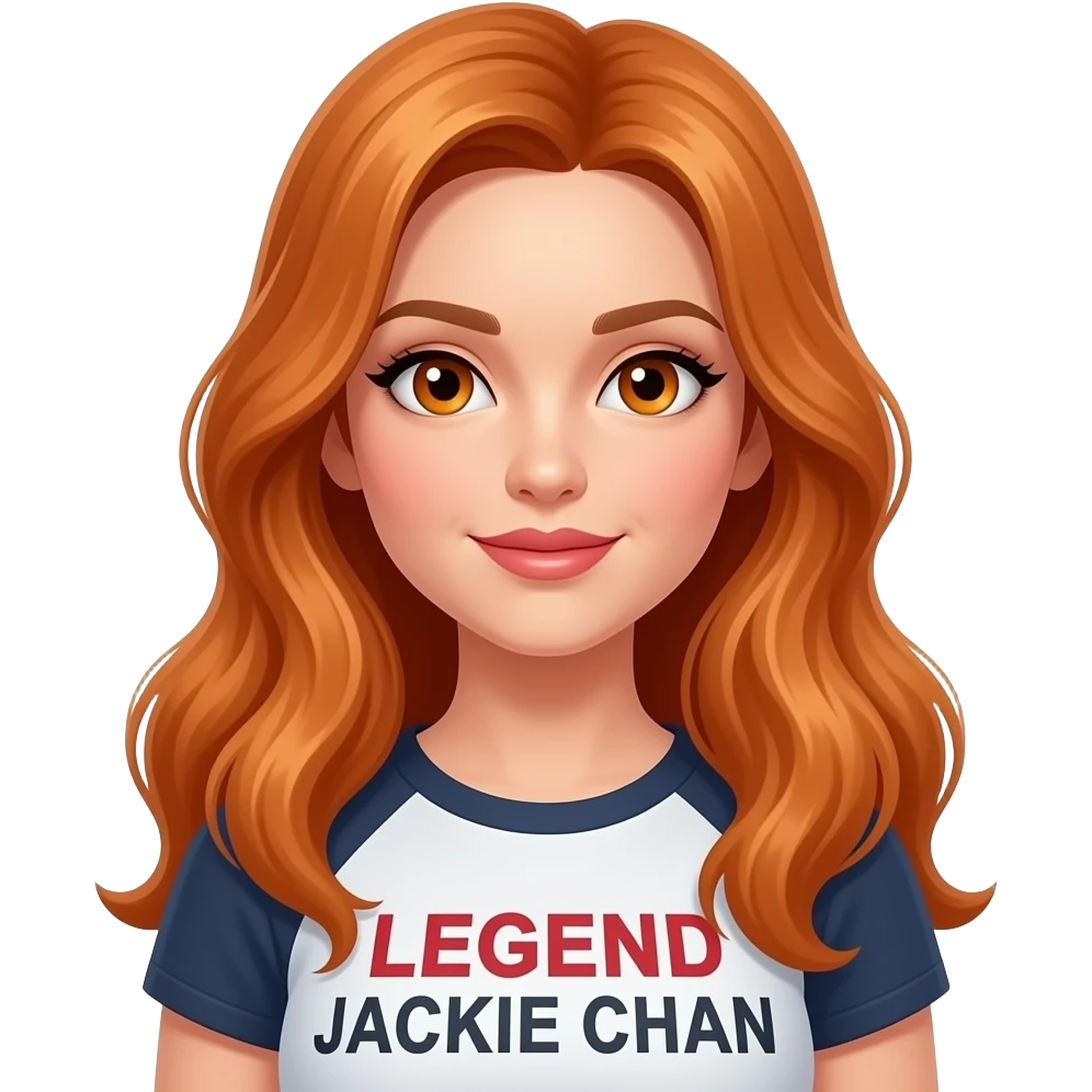 sexy girl with long ginger hair and ginger eyes a top with LEGEND JACKIE CHAN written on it emoji