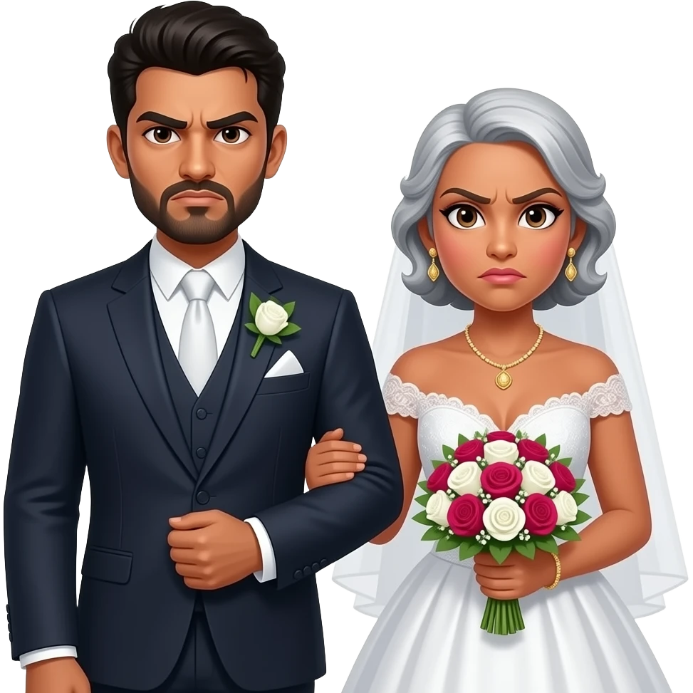 An indian man and a carribean woman getting married with a middle aged white woman carrying their flowers and shes angry emoji