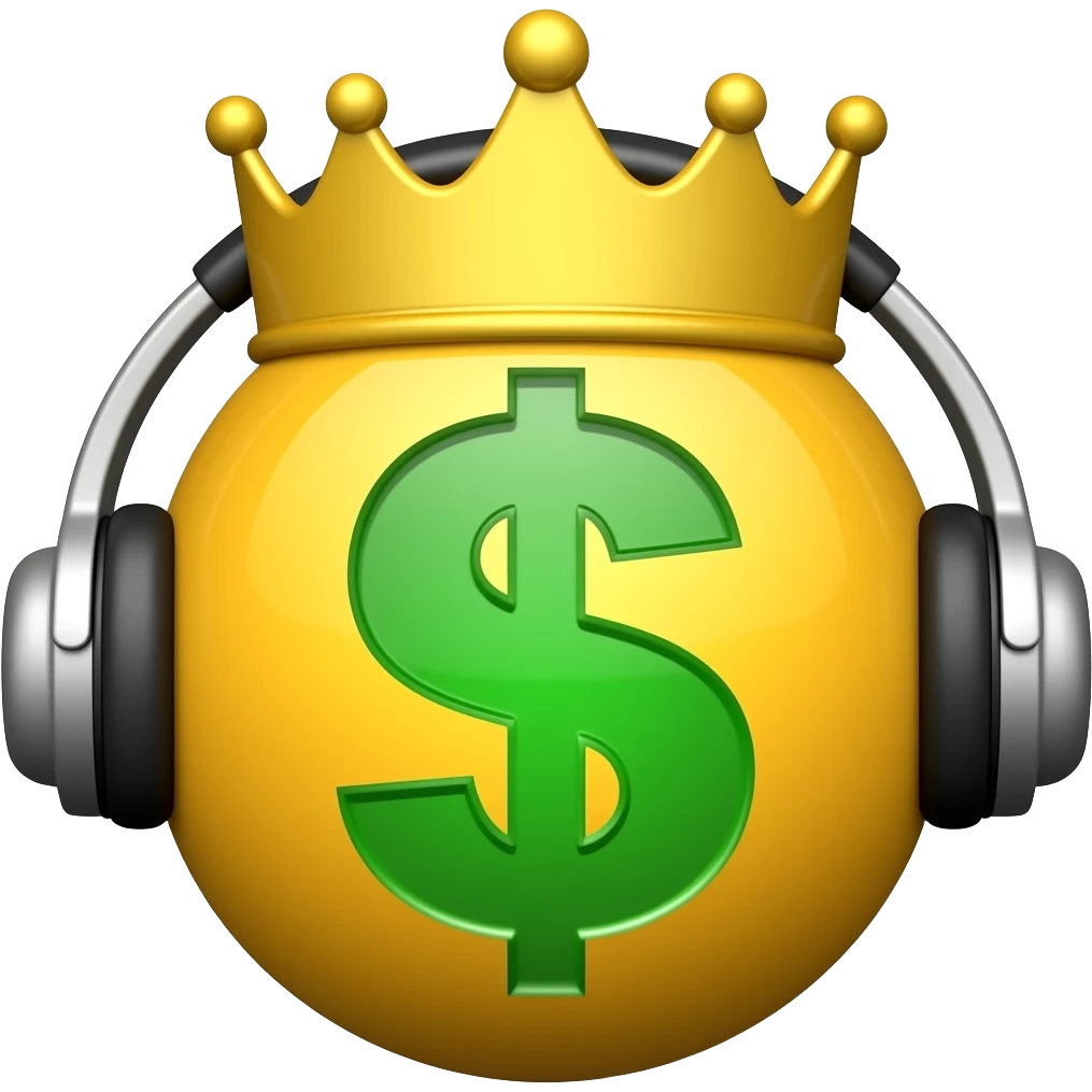 Yellow face emoji with a crown green tinge out with money symbol with headphones on emoji