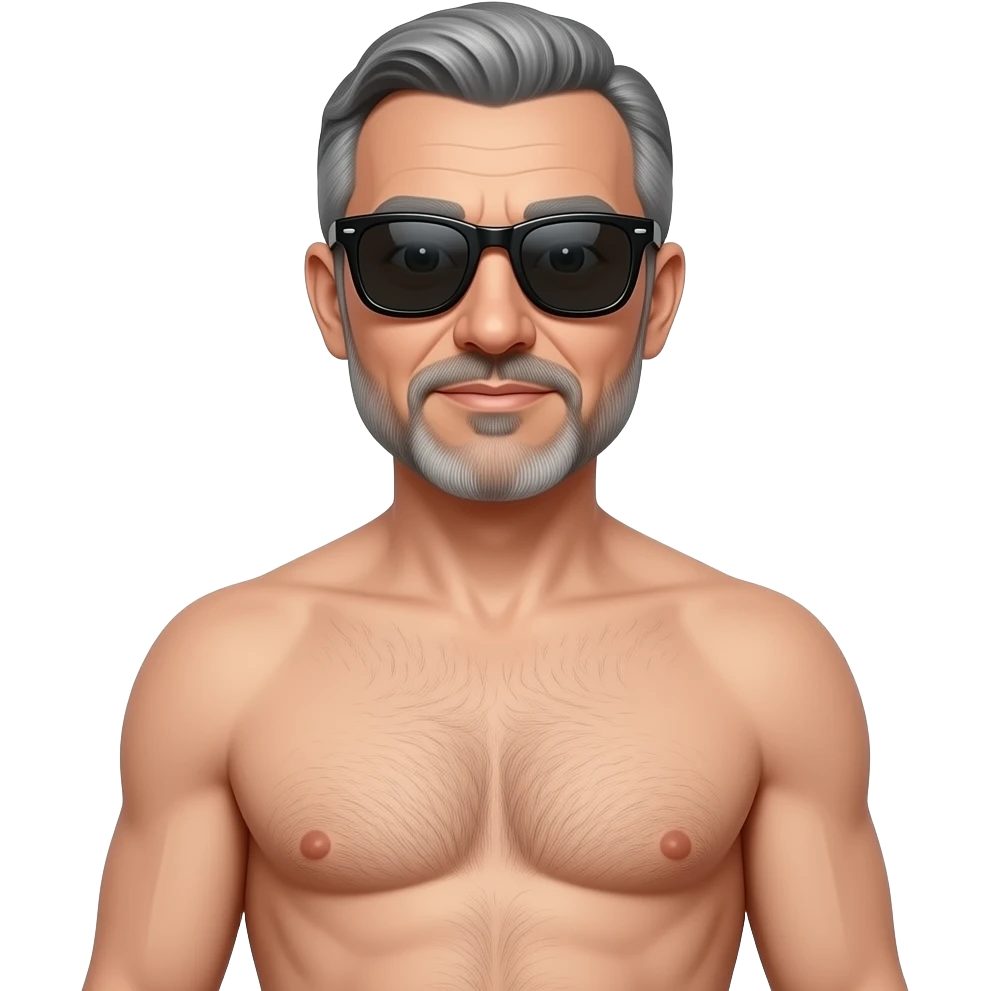 A guy, wearing sunglasses, 50 year old, full length, completely naked. emoji