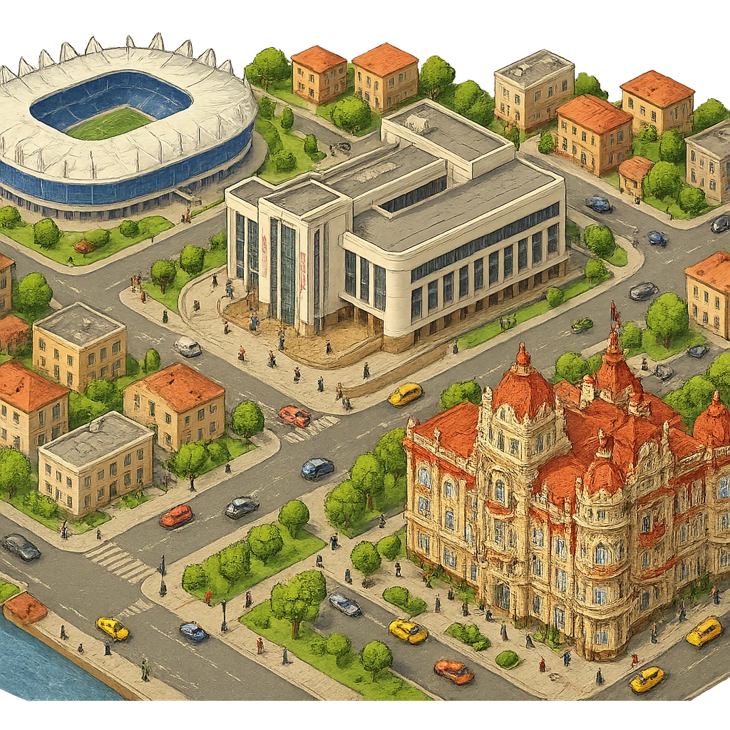 Изометричная чёткая миниатюрная фотореалистичная 3D модель панорамы Ростова-на-Дону — фотореалистичное Здание городской думы Ростова-на-Дону (Городской дом), Ростов-Арена, Ростовский театр драмы имени Горького, набережная Дона, люди, несколько типичных ростовских домов, автотранспорт. Вид сверху в изометрии, яркие цвета, мультяшная рисованная реалистичность, прозрачный фон, компактная композиция. emoji