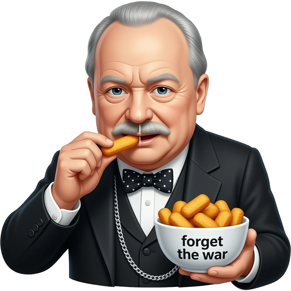meme format of winston churchill eating chicken nuggets and the bowl says "forget the war" emoji