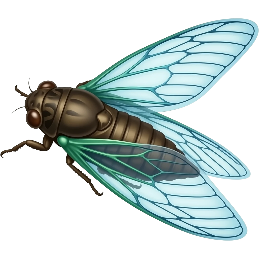 Blue and green and green x-ray of a realistic a flying wings spread on its side flying flying flying cicada; emoji