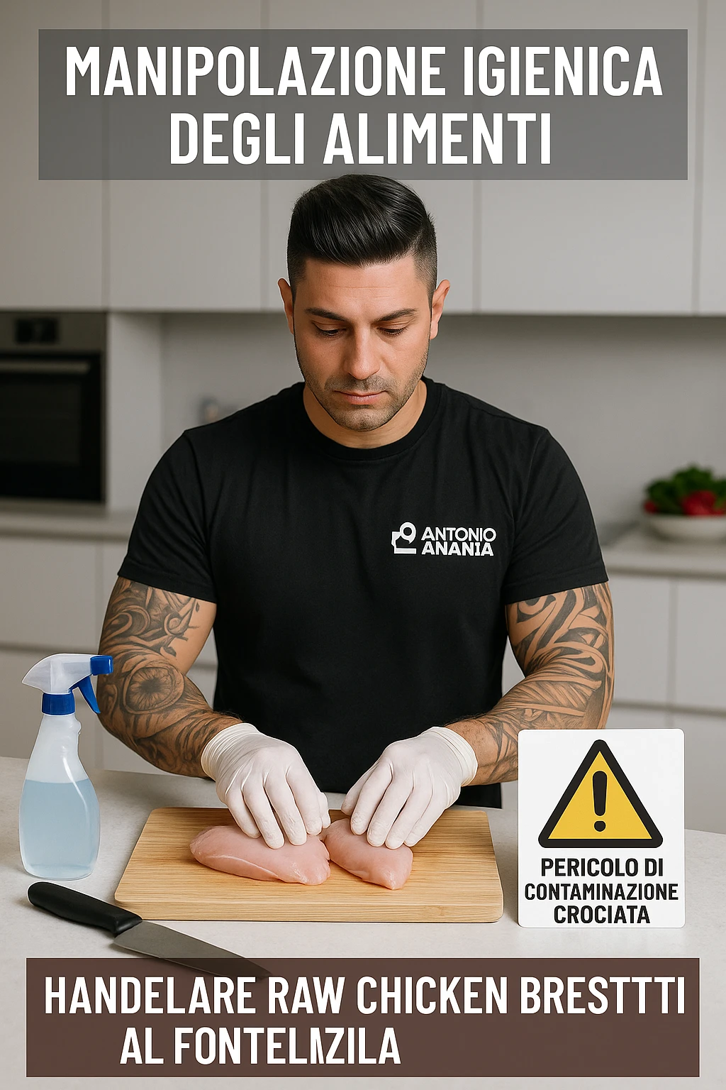 a man person in a modern kitchen handles raw chicken breasts on a cutting board, wearing disposable gloves. Nearby, a bottle of disinfectant spray, a separate knife for vegetables, and a warning sign about cross-contamination are clearly visible. The mood is educational, emphasizing safe food handling. in italiano emoji