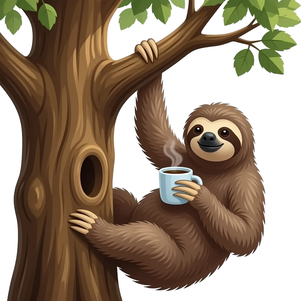 hanging sloth with long limbs big tree drink morning coffee emoji