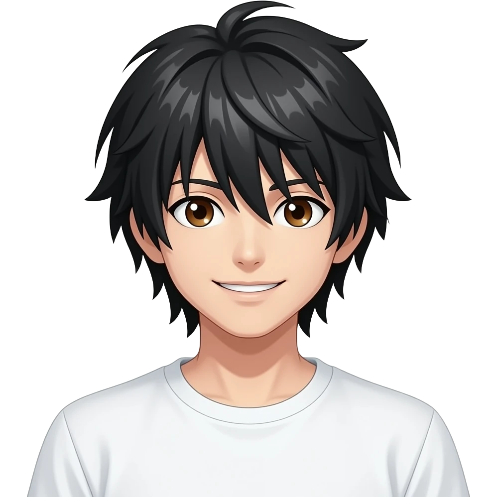 L der Anime Charakter von death note er hat schwarzr haare nd blond er hat braune augen sehr blasse haut weißes t-shirt eine person 
lächelt nich emoji