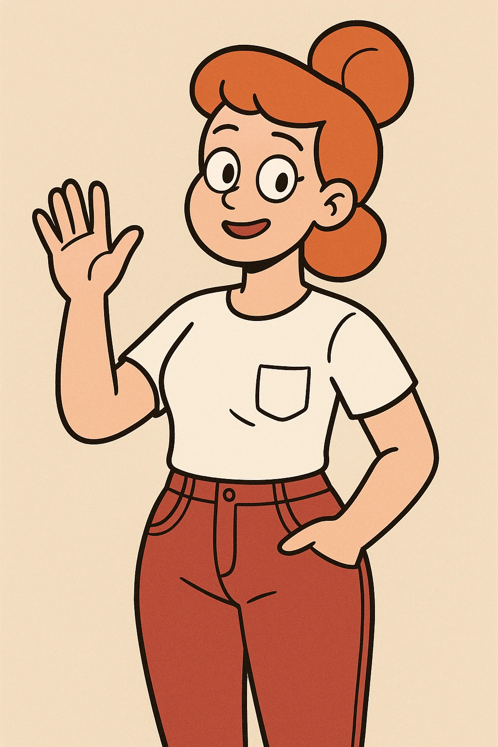 Girl dark orange hair bond hairstyle women's white t shirts pockets red trousers a hand hello  emoji