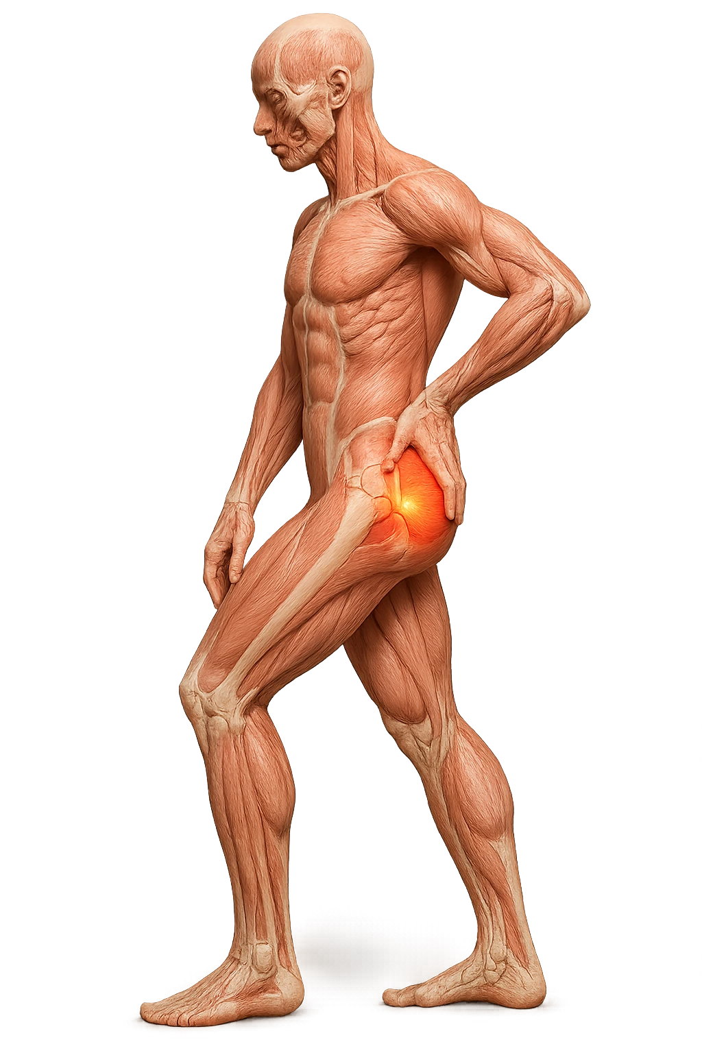 CORPO UMANO ANATOMICO DI PROFILO A FIGURA INTERA REALISTICO CHE SI TOCCA L'ANCA INFIAMMATA, DOLORE ALL'ANCA, IPERREALISTICO 4K emoji