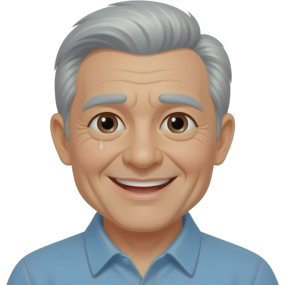 old man. grey hair. smiling. kindly. very sore right eye emoji