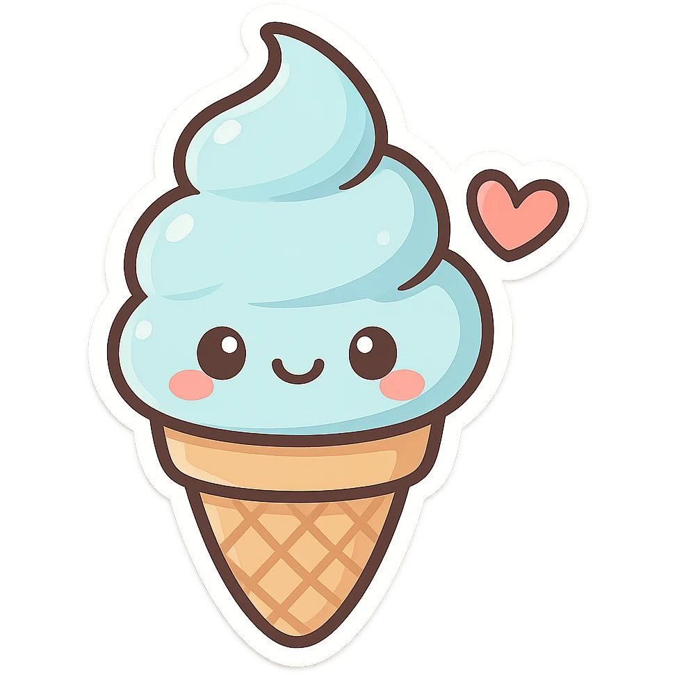 chibi sticker-style ice cream cone with a heart accent, cute and exaggerated emoji