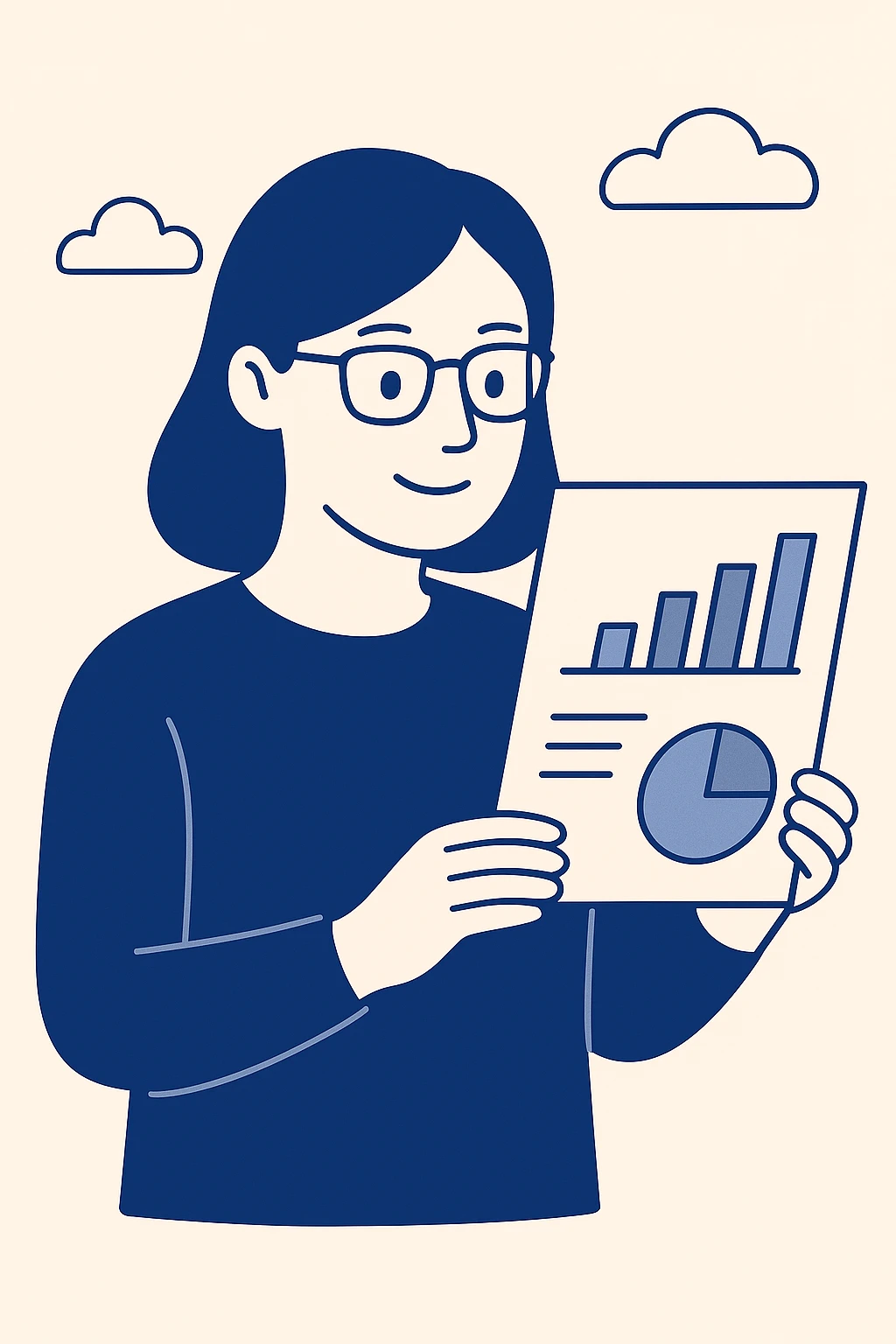A woman wearing glasses and looking at data, in flat blue illustration style. emoji