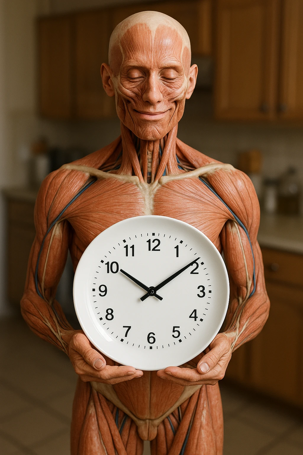 corpo umano anatomico, che tiene in mano un piatto bianco con la lancette di un orologio sopra, figura visibile fino ai fianchi, espressione del volto soddisfatta, sullo sfondo la sua cucina sfocata, iperrealistico 4k emoji