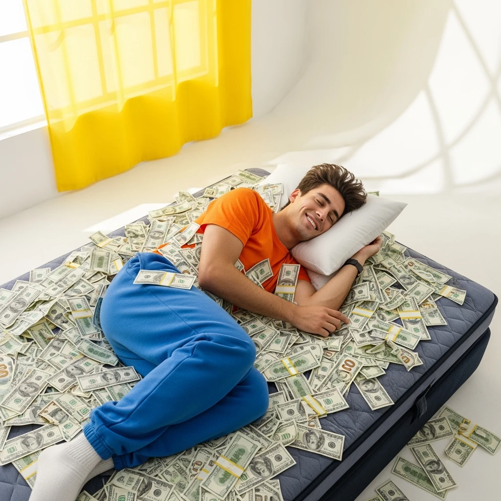 happy person napping on mattress of money emoji