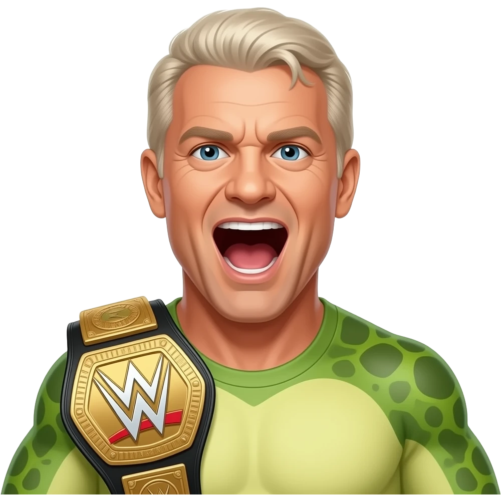 ric flair WWE star, but he is a frog with WWE belt over shoulder with him shouting  the word "WOOOOO!" across the bottom emoji