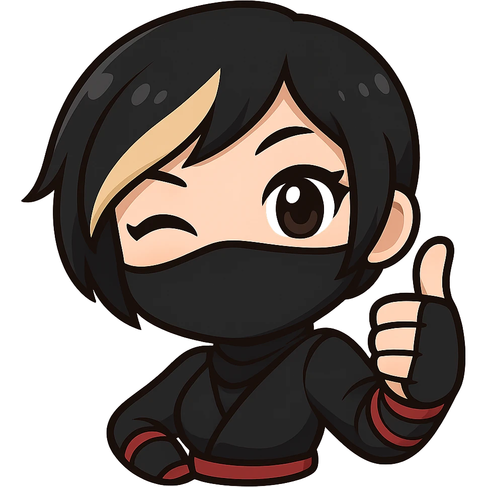 Sexy chibi ninja girl with black short hair and a blonde streak, only head and arms, giving a thumbs up, bold outlines, no mask, sized for Twitch emoji use, transparent background. emoji