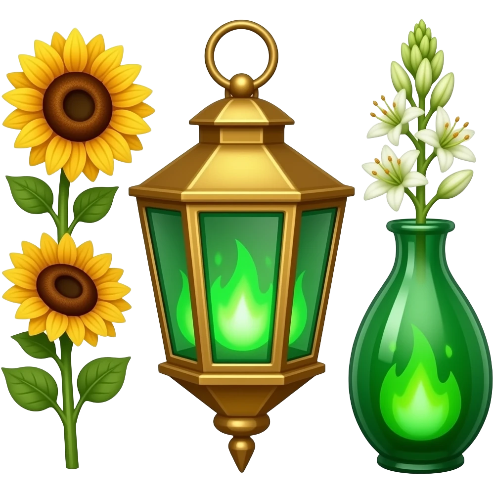 A golden hanging lantern with a bright emerald flames, an empty loop on top, fae themed sunflowers on the left and fully bloomed asphodels on the right as part of the design, but simple focus more on the green flames, paint the glass more green, have its bottom point come to some sort of point emoji