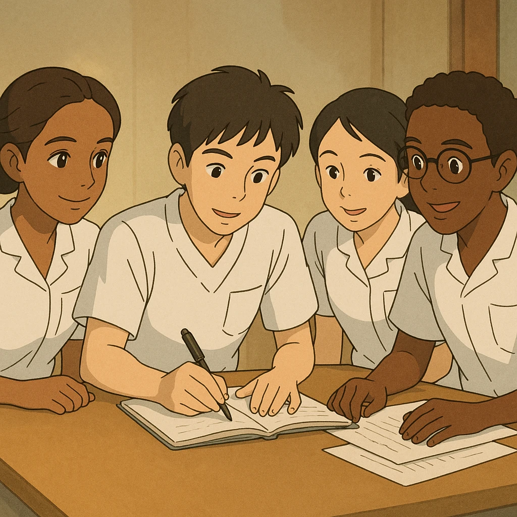 Scene of four nursing students working together, Ghibli style, in short-sleeved white medical uniforms with V-neck collars, left chest pockets, no stand-up collars, no stethoscopes, clean sleeves. Characters resemble traits from four provided photos. emoji