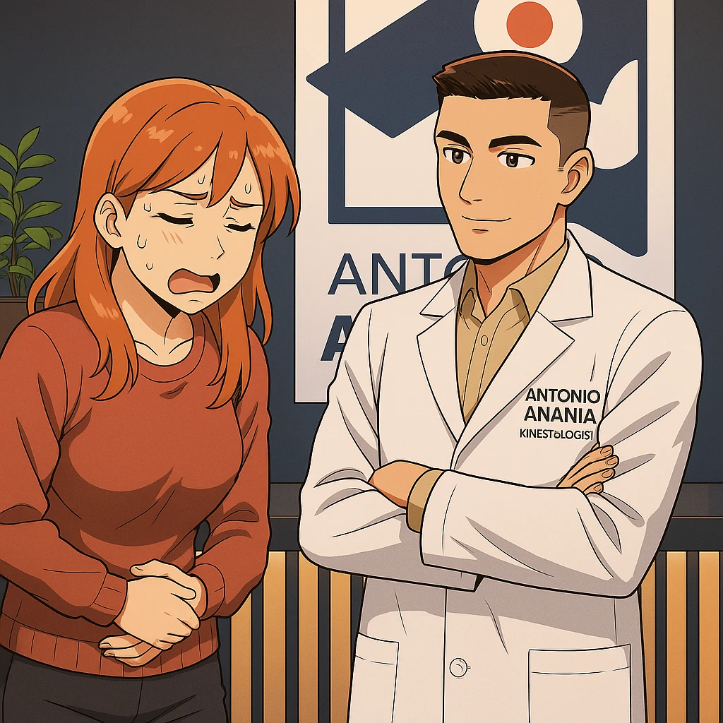 su questo stile fai un manga/webtoon a colori in cui una donna che parla esasperata dal suo problema, l'uomo della foto in stile manga gli risponde, mantieni un ambiente simile alla foto che ho allegato con il suo logo (sarebbe il suo studio, lui è un kinesiologo), scrivigli "ANTONIO ANANIA" sul camice bianco, non mettere fumetti, ma fai in modo che sembri che la donna chiede una cosa e l'uomo risponde alla sua domanda emoji