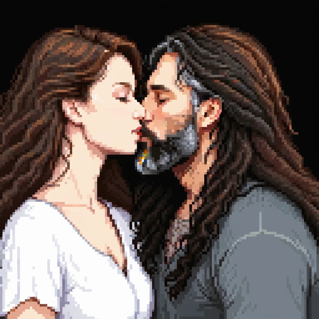 pixel art romantic atmosphere of a couple kissing: white woman with long wavy dark brown hair and white man with long hair and black beard emoji