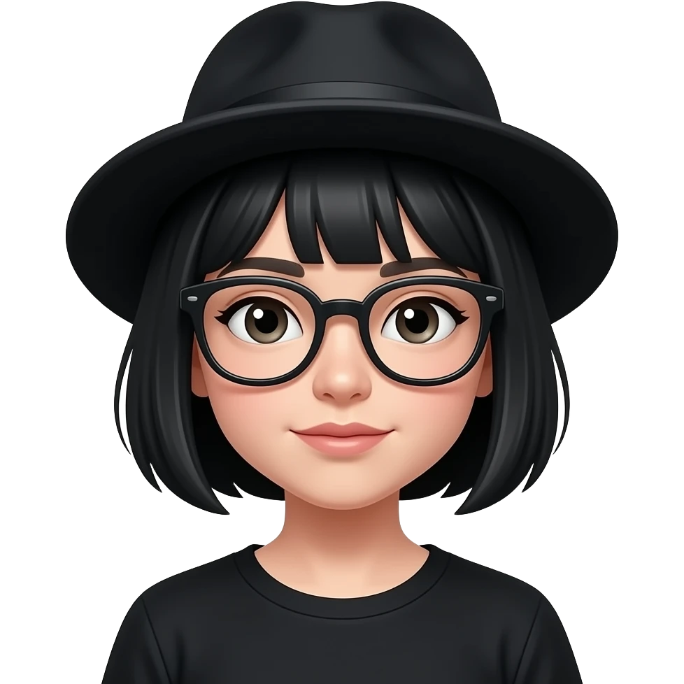 a calm, short black hair girl with black clothes, wearing glasses and hat emoji