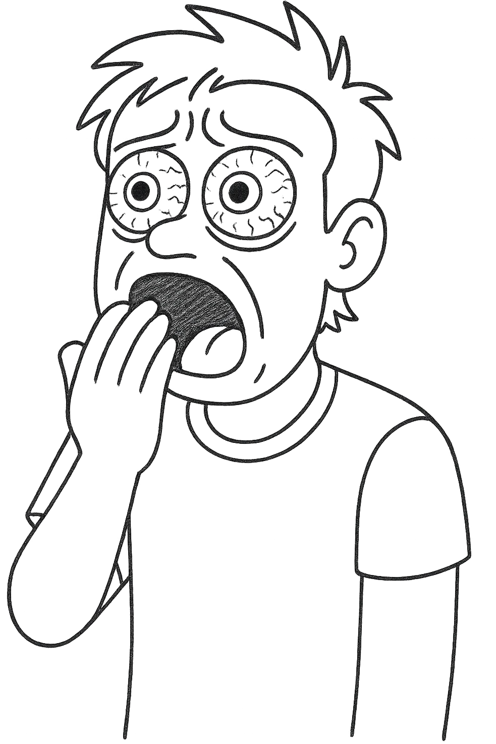Remove the background, keep the ordinary person yawning with wide, red eyes, looking exhausted from lack of sleep, in the same wojak meme style, with a transparent background. emoji
