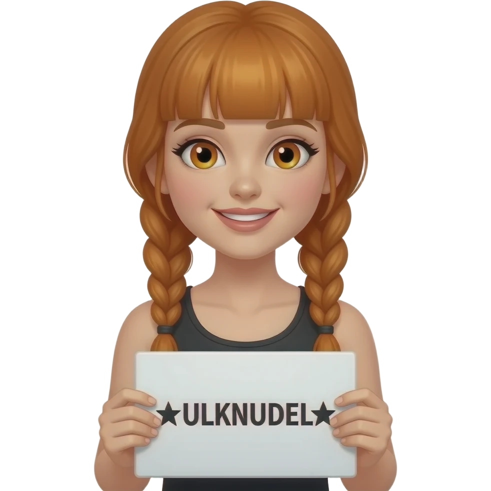 sexy girl with long ginger braids and ginger eyes wearing a black tanktop is holding a white sign with ☆ULKNUDEL☆ written on it emoji