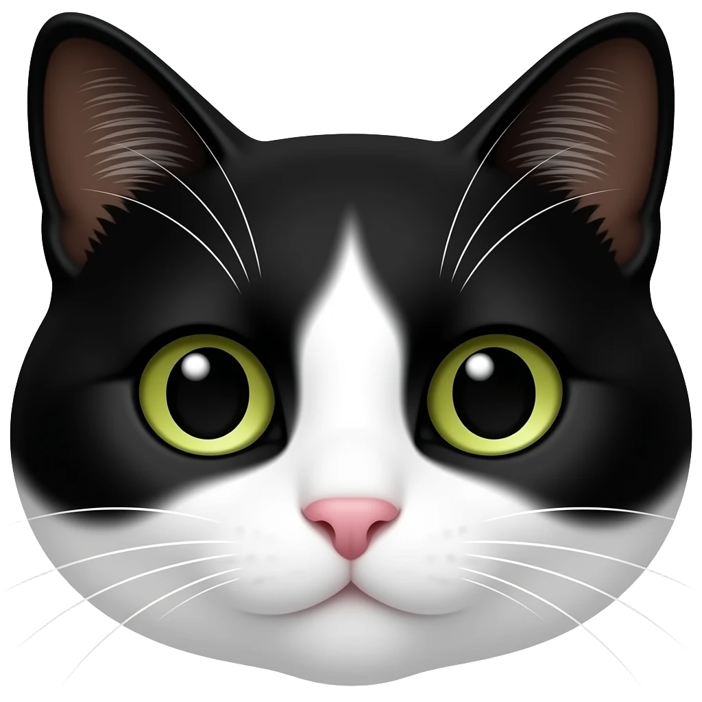 Create an emoji of this black and white cat. Make her head all black except for white on her right jaw. emoji