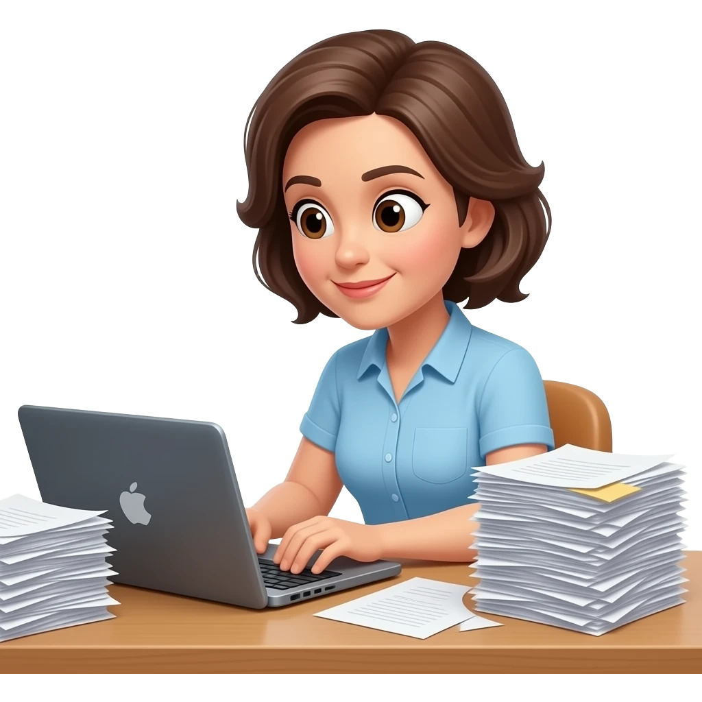 a middle aged lady working and looking very busy emoji