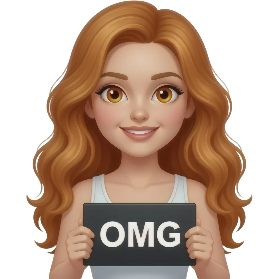 sexy girl with long wavy ginger hair and ginger eyes wearing a white tanktop is holding a black colored sign with OMG written on it emoji
