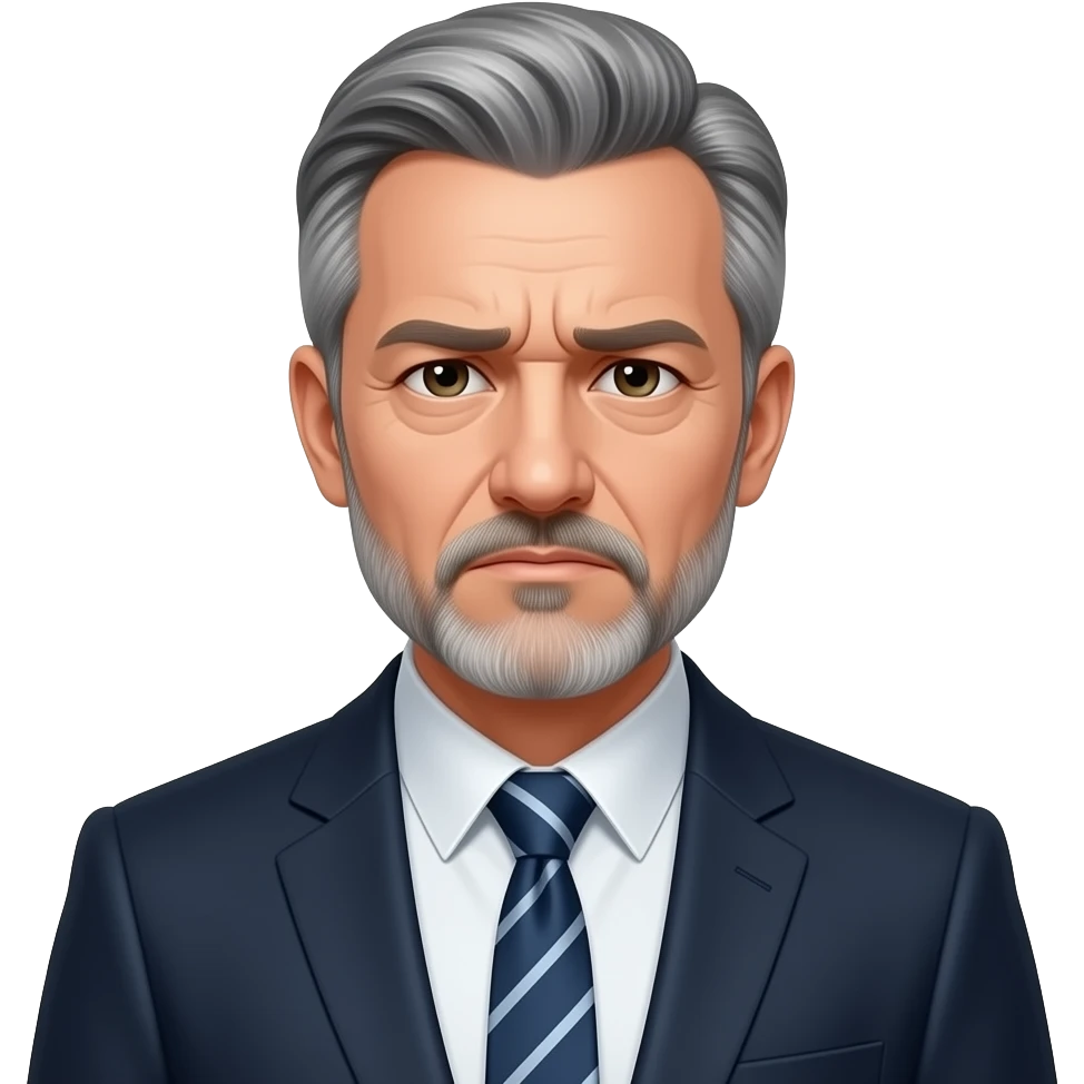 Man, middle ages, grey hair, thinking hard, suit, beard, tired emoji