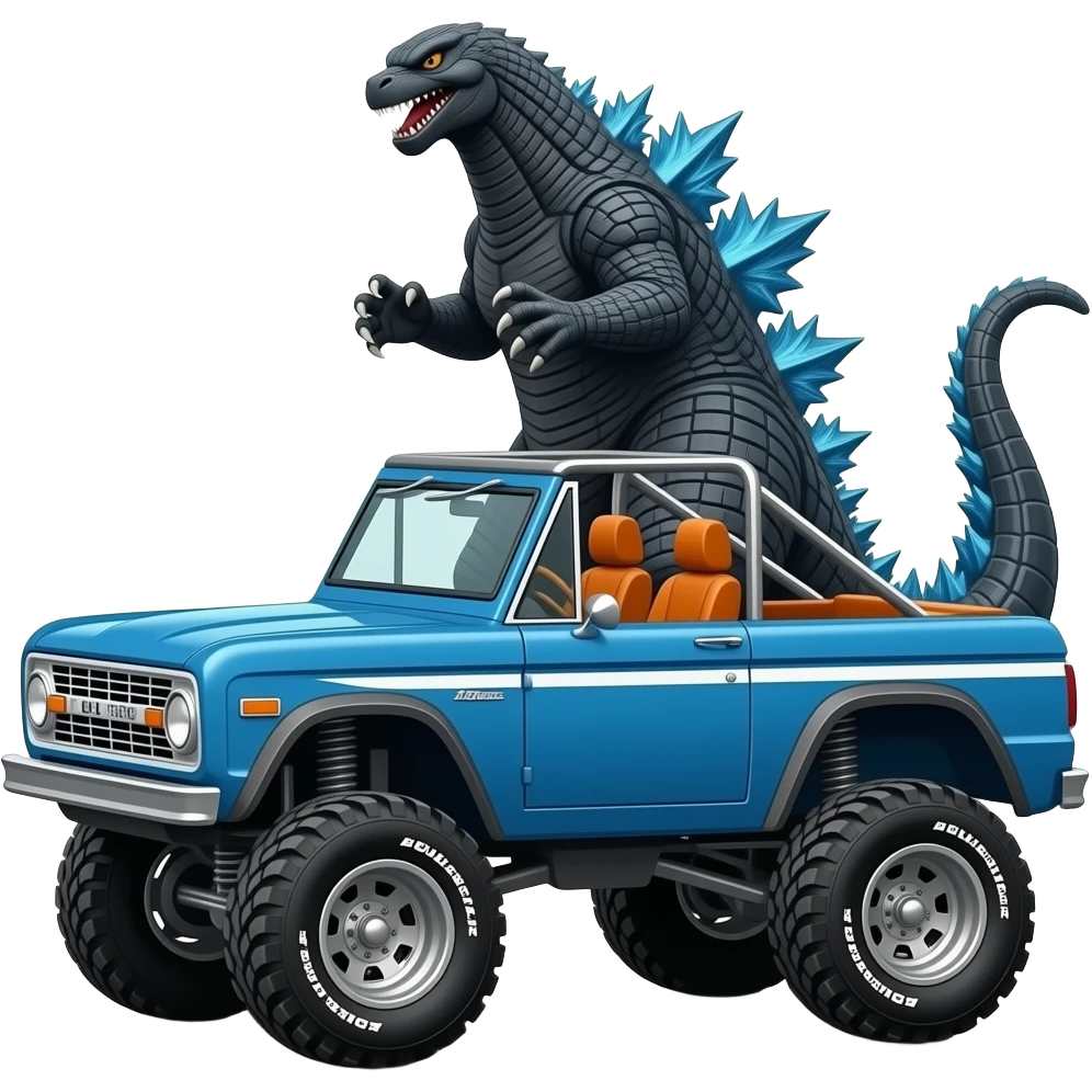 Godzilla behind 1967 ford bronco with two tone paint: blue on hood, blue with white stripe on sides, and orange interior. Convertible with no top but with full roll cage. Exaggerated lift and oversized 4x4 tires. emoji