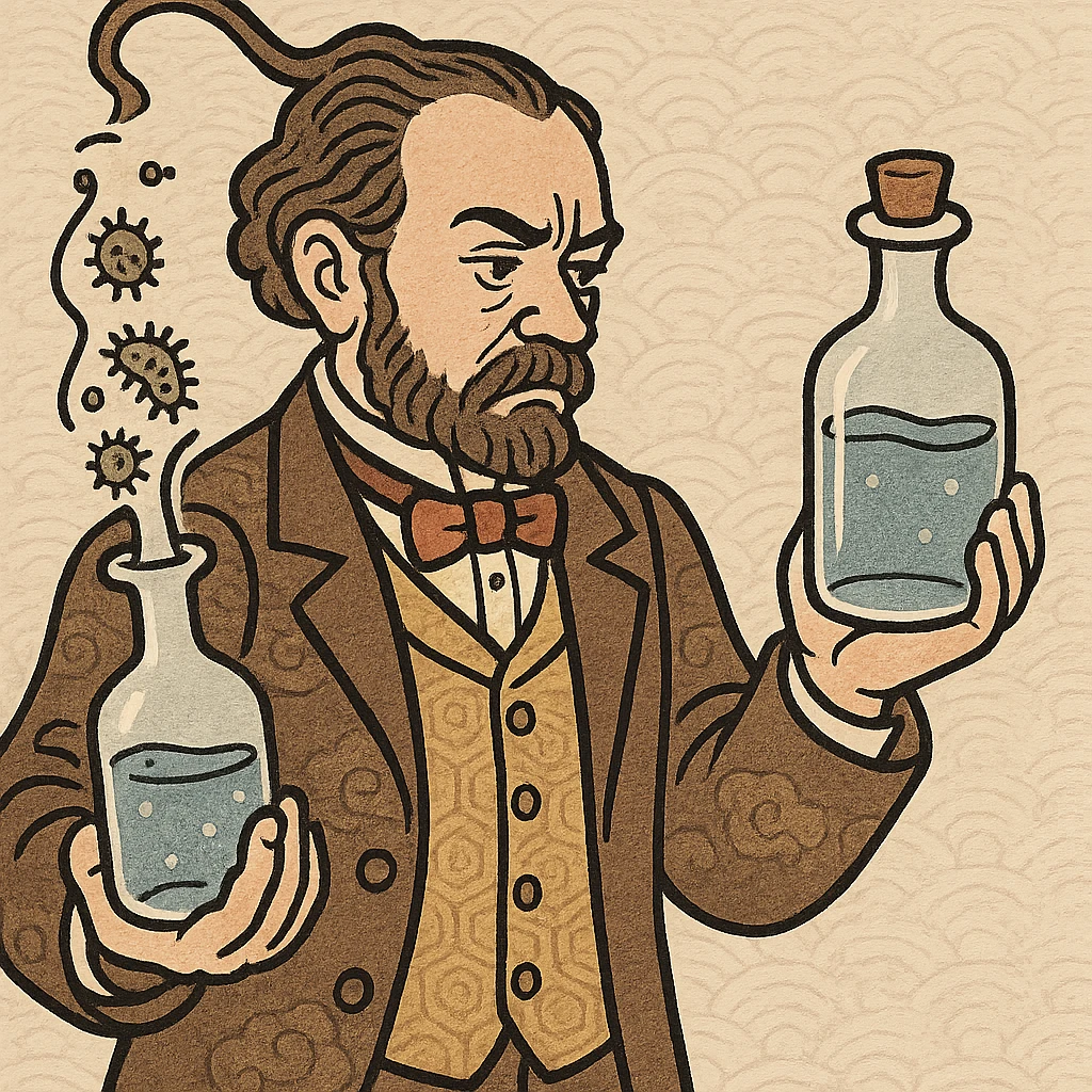 a victorian scientist with two sterile bottles one bottle with germs inside without a stopper the other bottle contains clean water with a stopper emoji