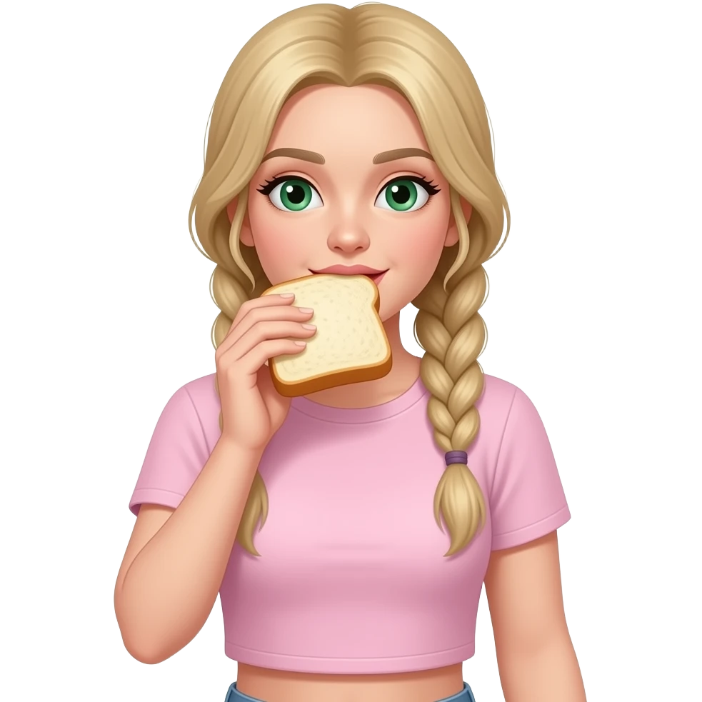A blonde girl with long hair in braids and green eyes, wearing a light pink cropped top and eating bread. emoji