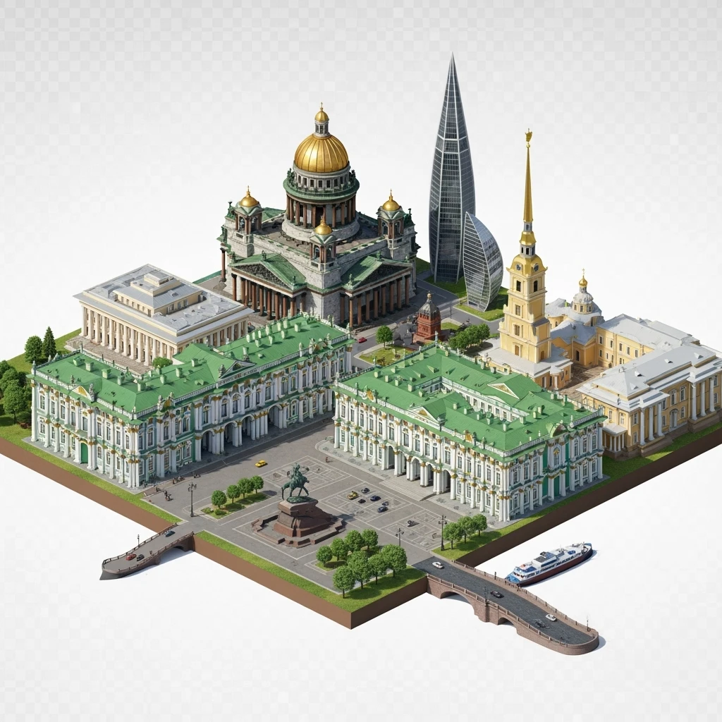 Изометрическая иллюстрация-модель Санкт-Петербурга с акцентом на фотореалистичный Исаакиевский собор, Зимний дворец, памятник Петру I, Адмиралтейство, здание Сената, башня Лахта-центр баланс между стилизацией и реализмом, эффект рисованной миниатюры Tift shift, прозрачный фон. emoji