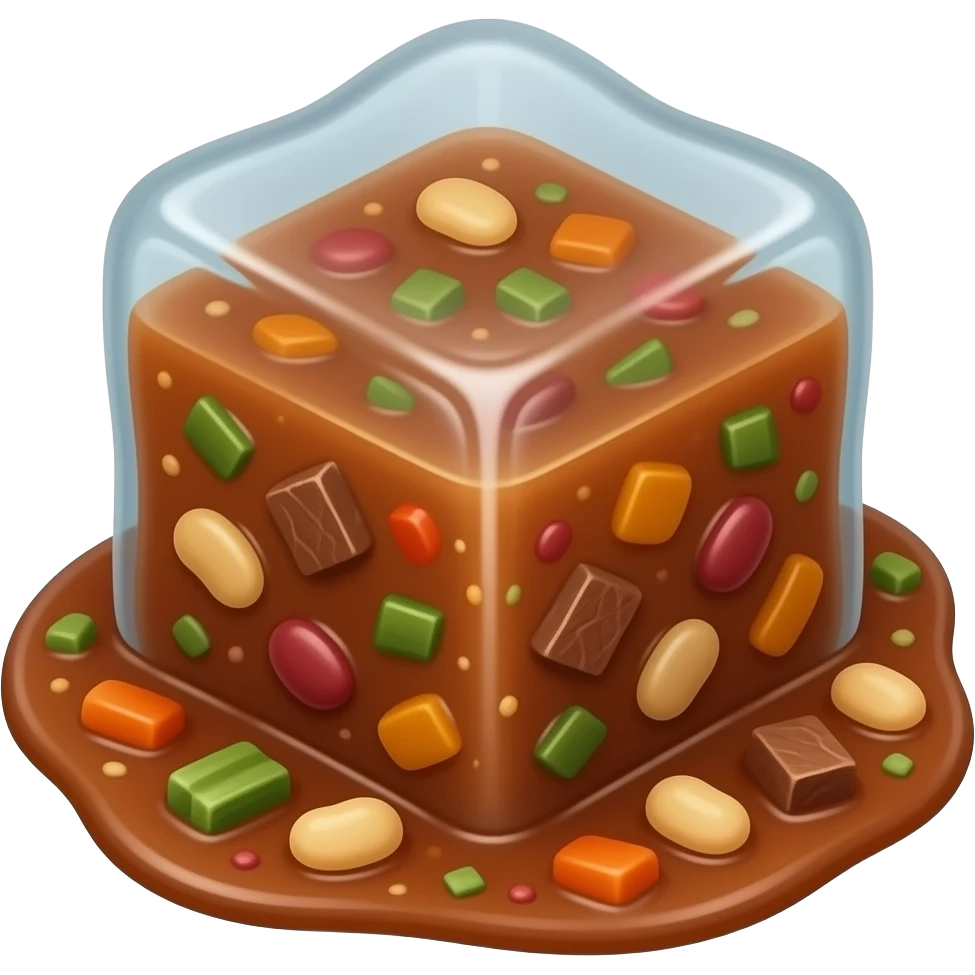 A Bean Stew but frozen in a cube. Blend the Cube with the Stew. Add some veggies and beef. The ice cube should be the soup and there should be no ceramic. Get the outwards of the icecube to match the color of the inner stew content. Dark Brown toned emoji