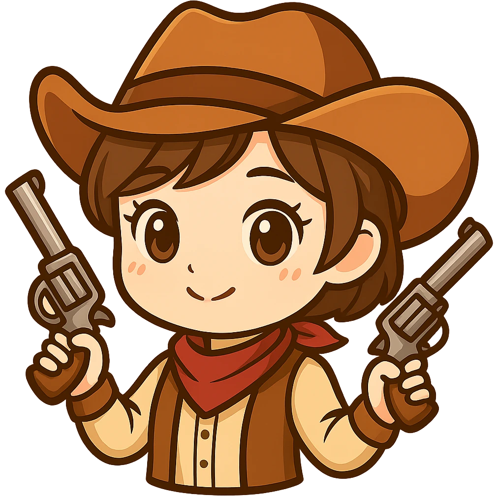 Make this chibi cowgirl more girly by adding long eyelashes, softer facial features, a smaller and cuter mustache or removing it, pink blush, and a more feminine pose. Keep the cowboy hat, short hair, western outfit, and two guns. Maintain the chibi/anime style. Transparent background, sized for Twitch or Discord use. emoji