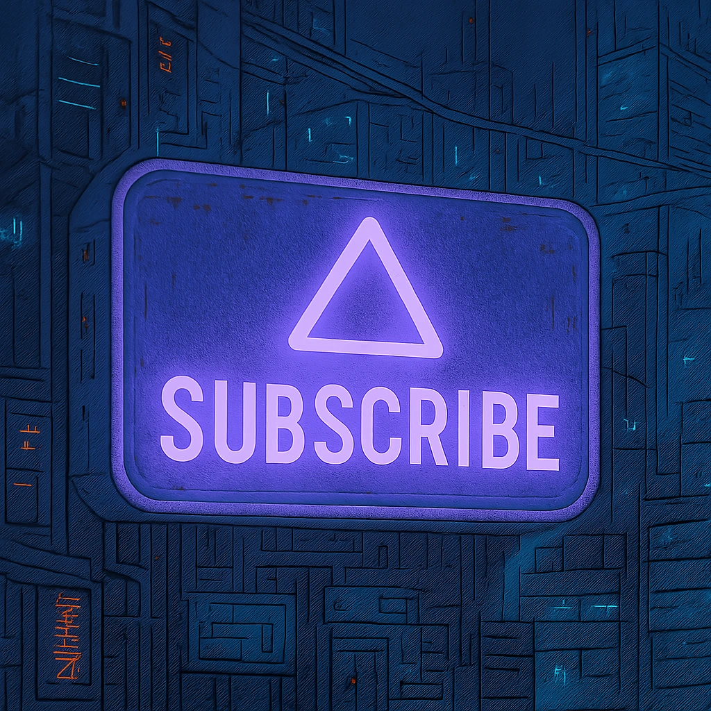 a lavender "subscribe" button, future, cyberpunk
the words appear below a triangle

 emoji