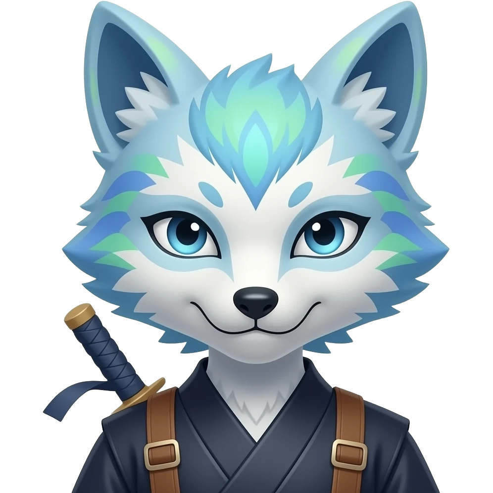 An emoji of Sudoji, a stylized Japanese kitsune, with sleek fox features and fur patterned and colored like a peacock’s feathers (iridescent blues, greens, and subtle eye-like markings), no additional peacock body parts, wearing a minimal ninja-style outfit emoji