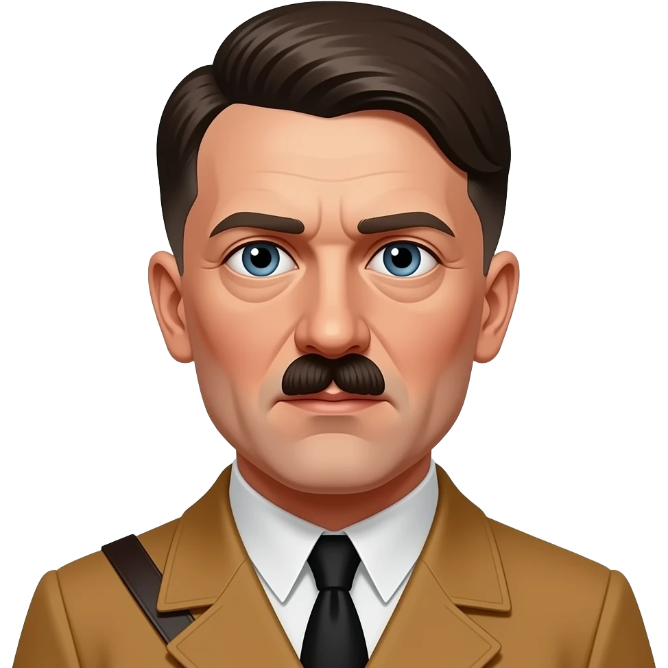 Adolf Hitler was a man of average height with dark brown hair and a pale complexion, often noted for his distinctive "toothbrush" mustache [25]. He possessed striking, pale blue eyes that many observers described as intense and hypnotic [3, 10]. emoji