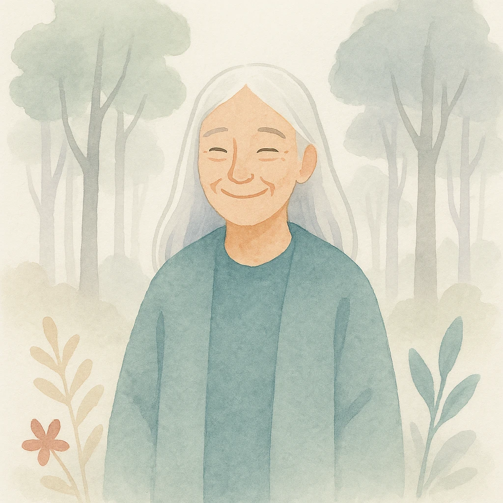 legendary mentor, smiling elderly woman with long silver hair, in an enchanted forest, watercolor style emoji