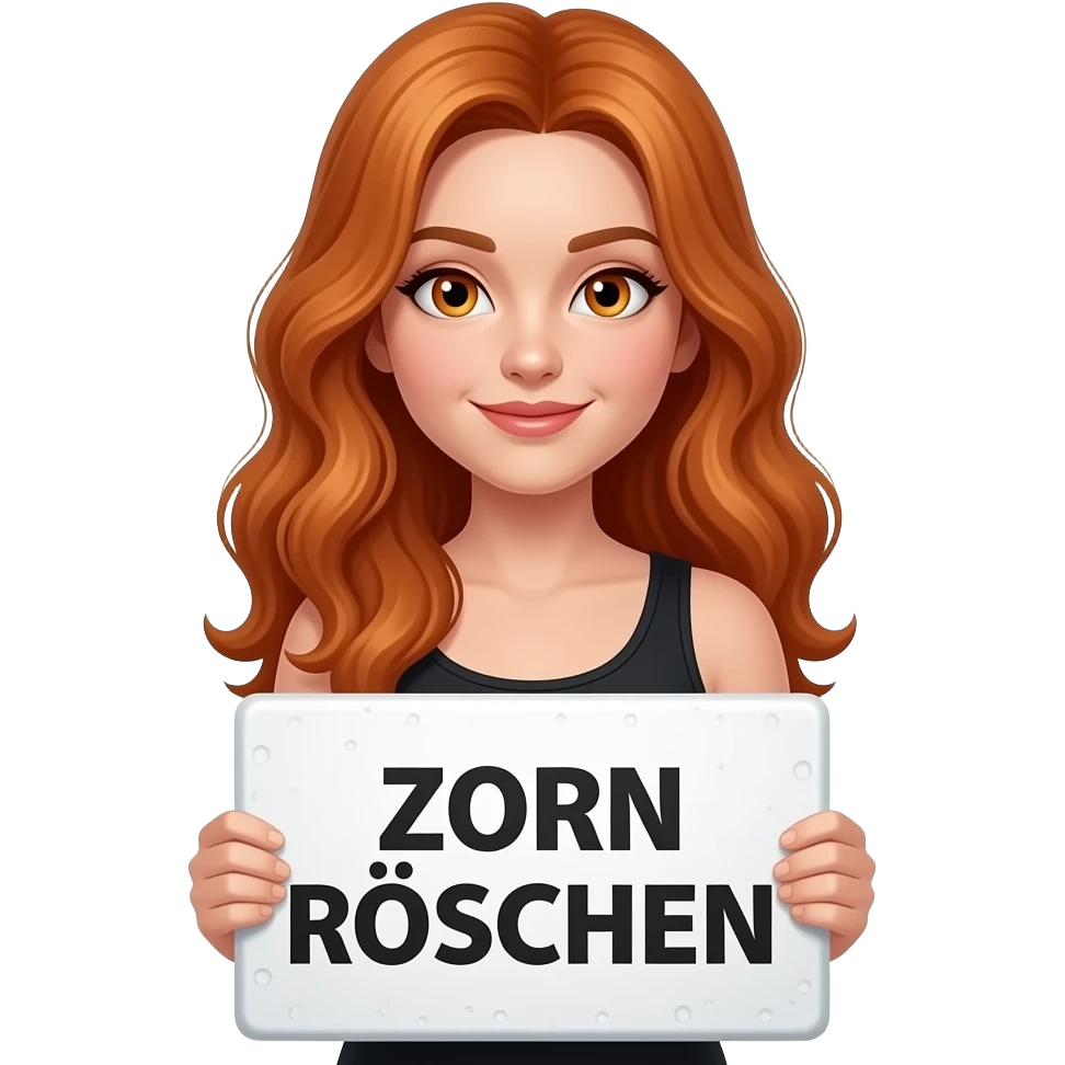 sexy girl with long wavy ginger hair and ginger eyes wearing a black tanktop is holding a white colored sign with ZORN RÖSCHEN written on it emoji