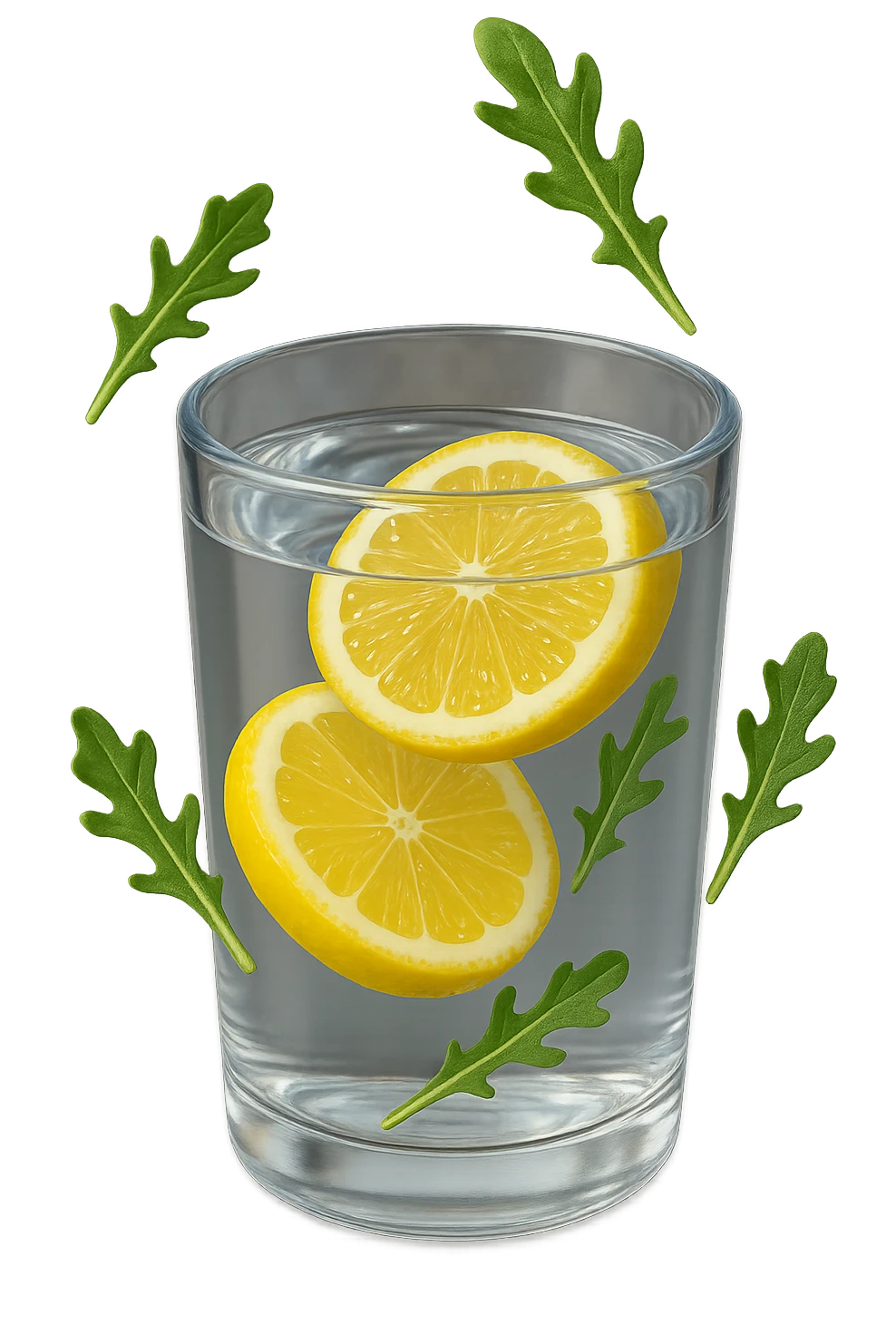emoji stile iphone 3d di un bicchiere di acqua con limone e qualche foglia di rucola che fluttua intorno in aria, iperrealistico 4k emoji