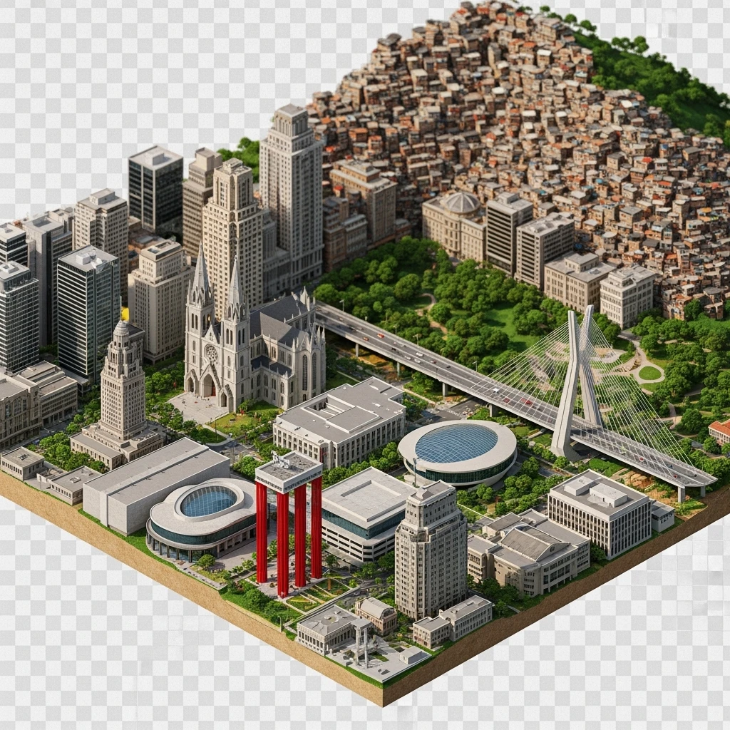 Isometric miniature of São Paulo Catedral da Sé, MASP on red pillars, Octávio Frias Bridge, and Altino Arantes building, favelas on hillsides, dense chaotic urban blocks, and green parks 3D miniature effect and Tilt Shift effect, no cartoonish look, transparent background. emoji